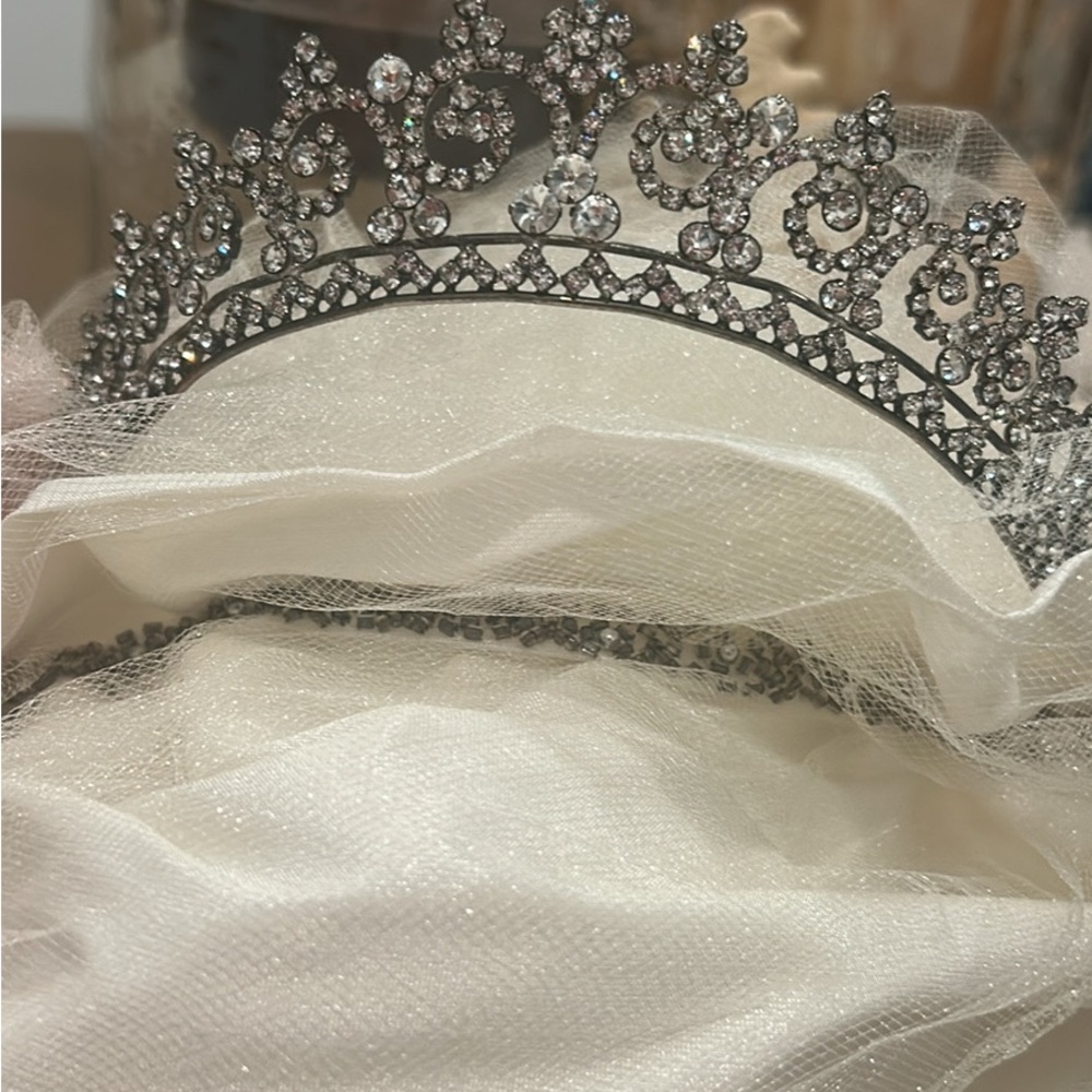 Silver Rhinestone Tiara with Veil Bridal Costume